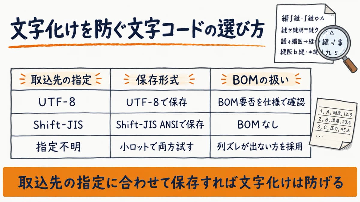 UTF-8とShift-JIS、BOMの有無を選び分ける文字化け対策の早見表図