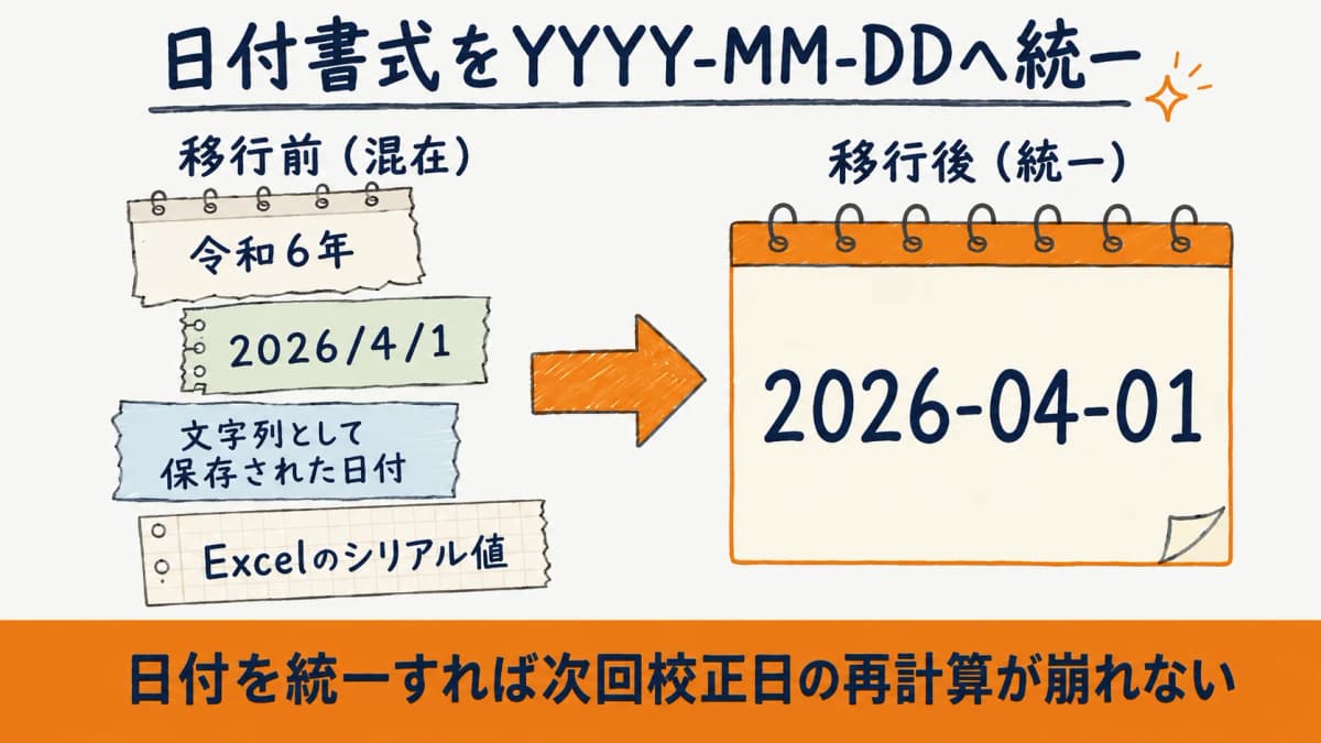 和暦やスラッシュ区切りの日付をYYYY-MM-DD形式へ正規化するビフォーアフター図