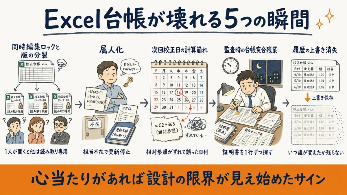 計測器台帳のExcel管理が破綻する5つの瞬間を同時編集から履歴消失まで時系列で並べたフロー図