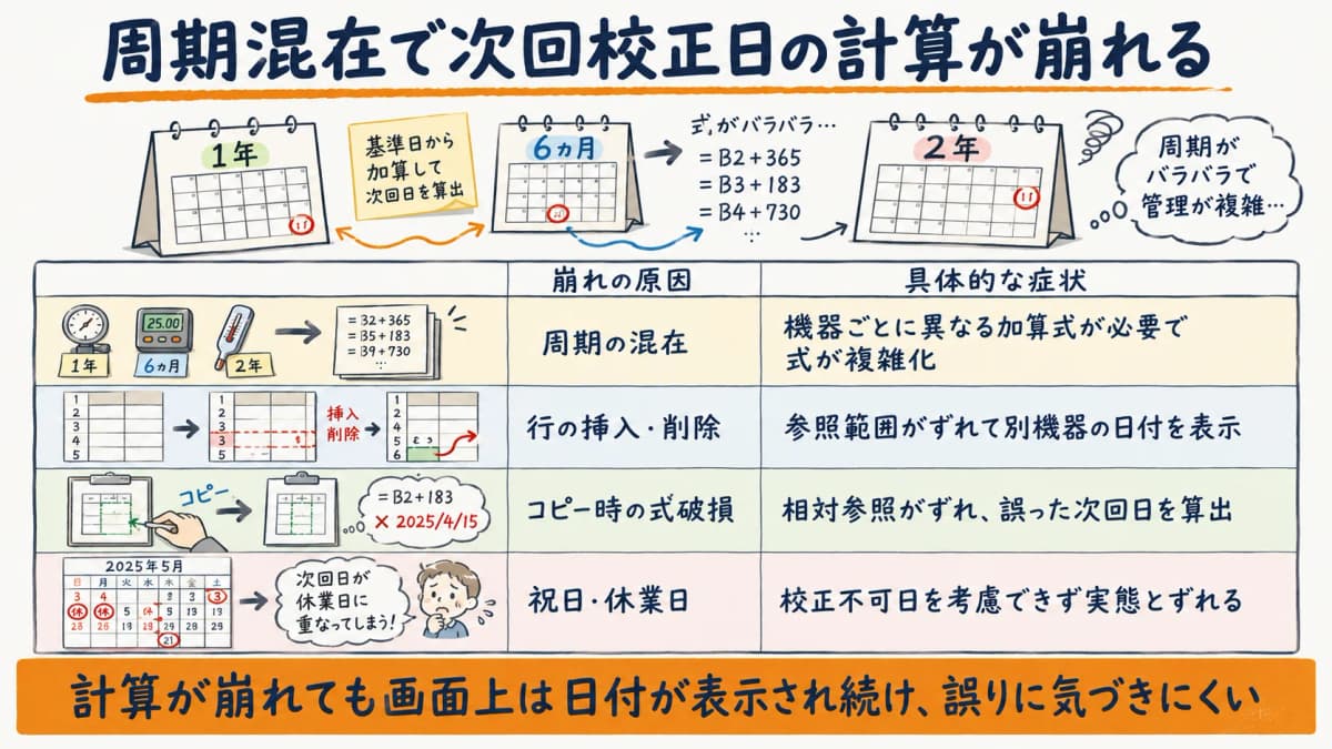 校正周期が機器ごとに異なる周期混在の状態でExcel関数による次回校正日計算が崩れる仕組みを示した図解