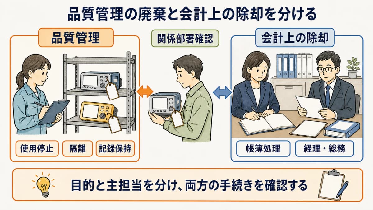 品質管理の廃棄と会計上の除却における部門分担図