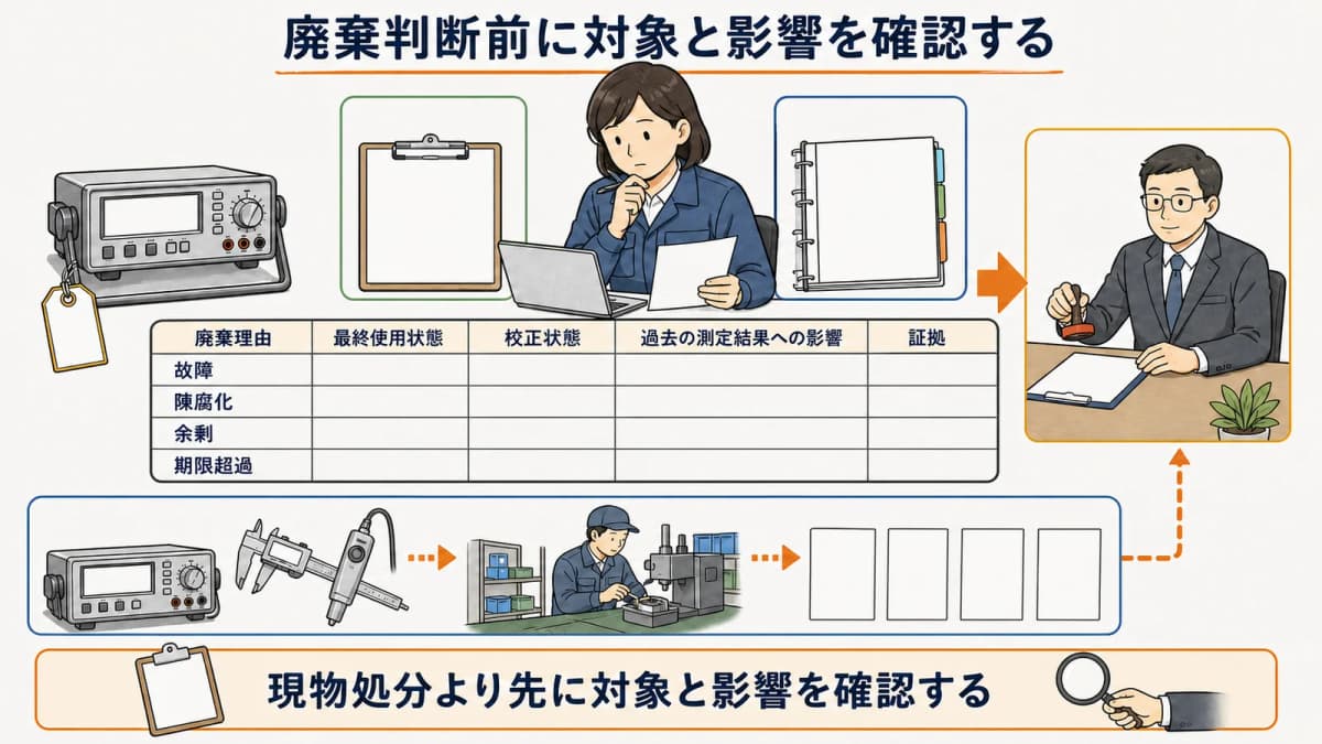 計測器の廃棄理由と過去測定への影響を整理する判断表