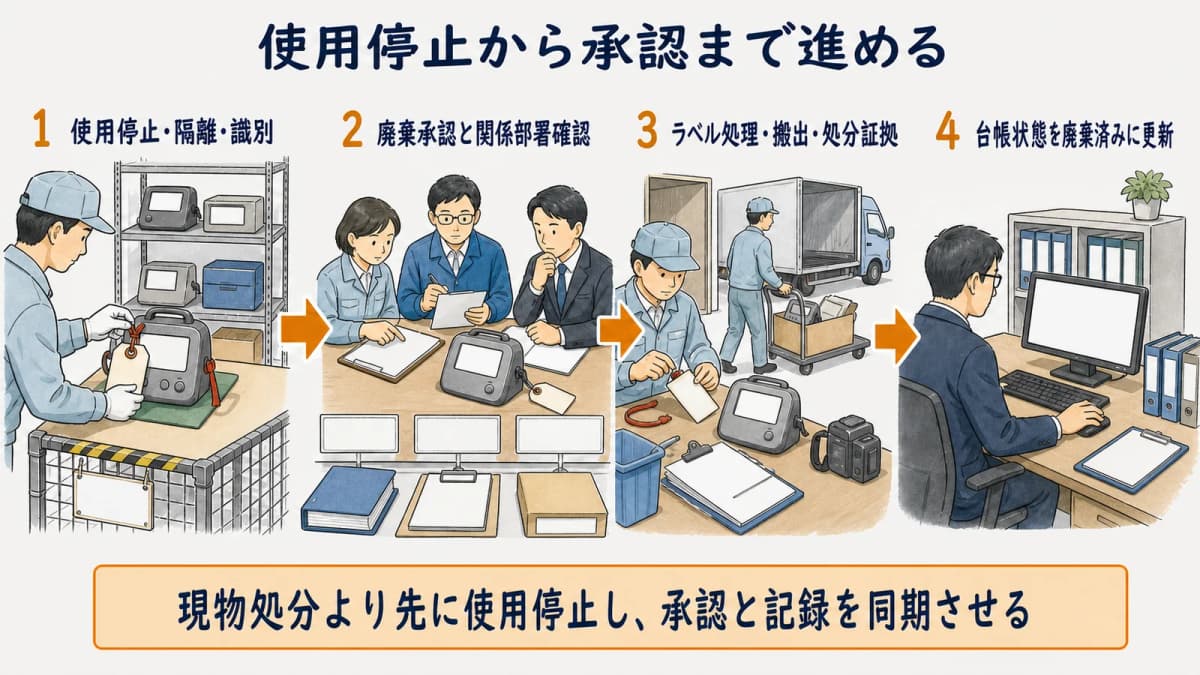 計測器の使用停止と隔離から廃棄承認へ進む承認フロー