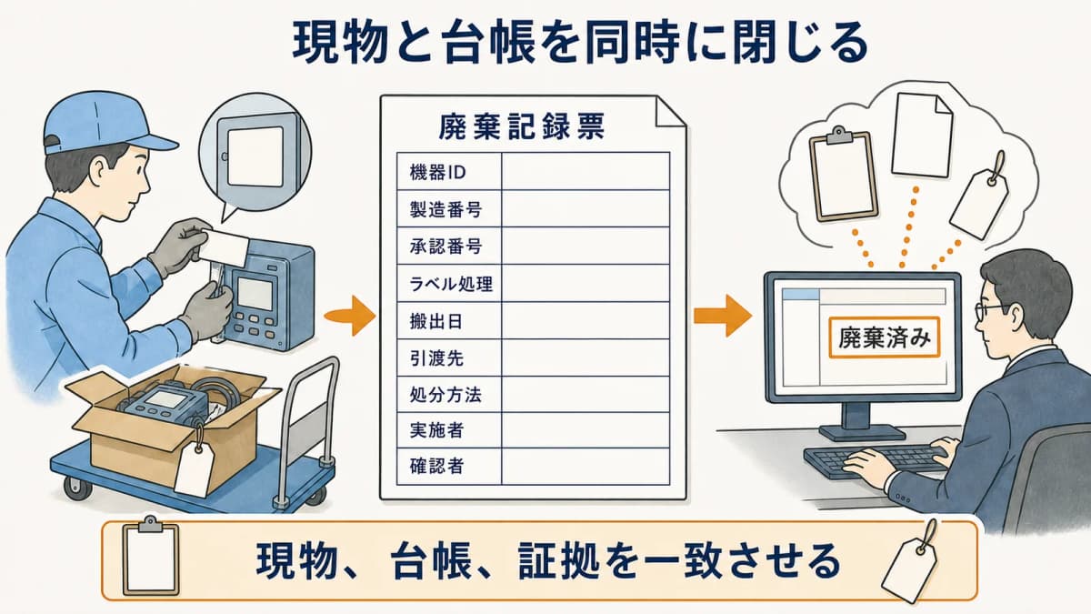 計測器のラベル処理と搬出と台帳更新を記録する廃棄記録票