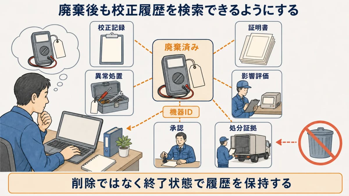 廃棄済み計測器と過去の校正履歴を結ぶ証拠関係図