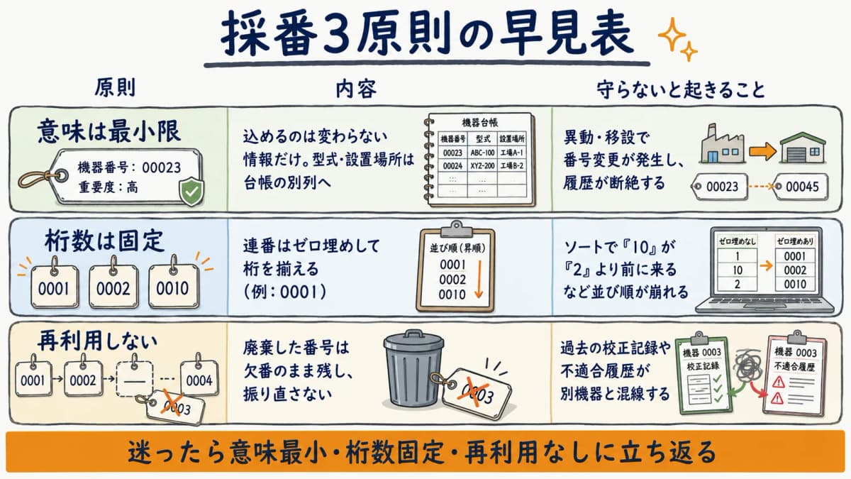 計測器の管理番号 採番3原則の早見表(意味最小・桁数固定・再利用禁止)