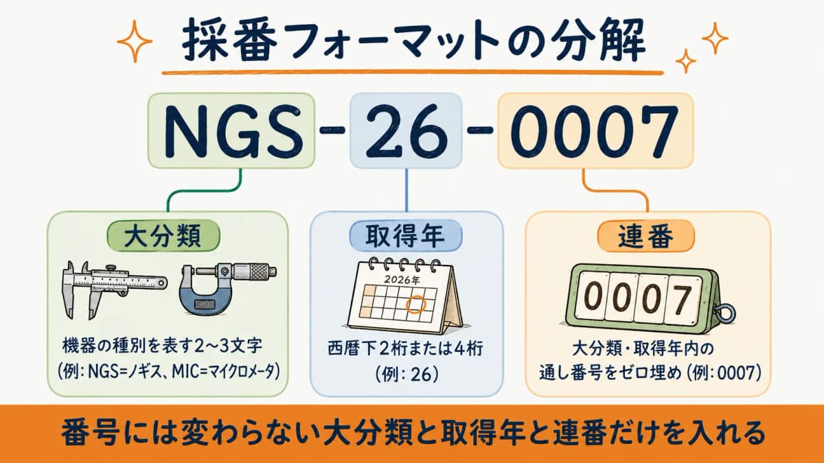 計測器の管理番号 採番フォーマット分解図(大分類+取得年+連番+固定桁数)