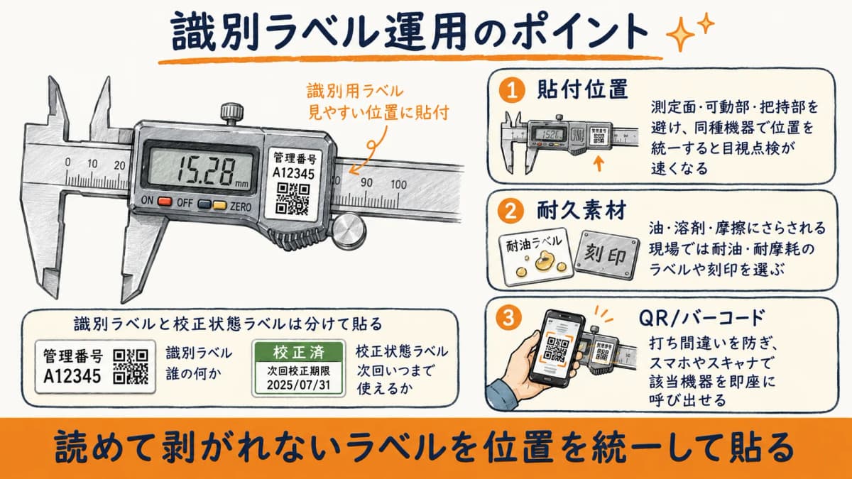 計測器の識別ラベル運用図(貼付位置・耐久素材・QRコード読み取りの例)