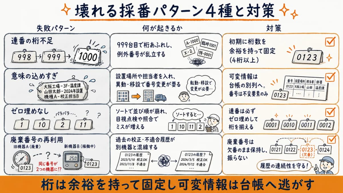 壊れる採番パターン4種のビフォーアフター図(連番枯渇・意味込めすぎ・ゼロ埋めなし・番号再利用)