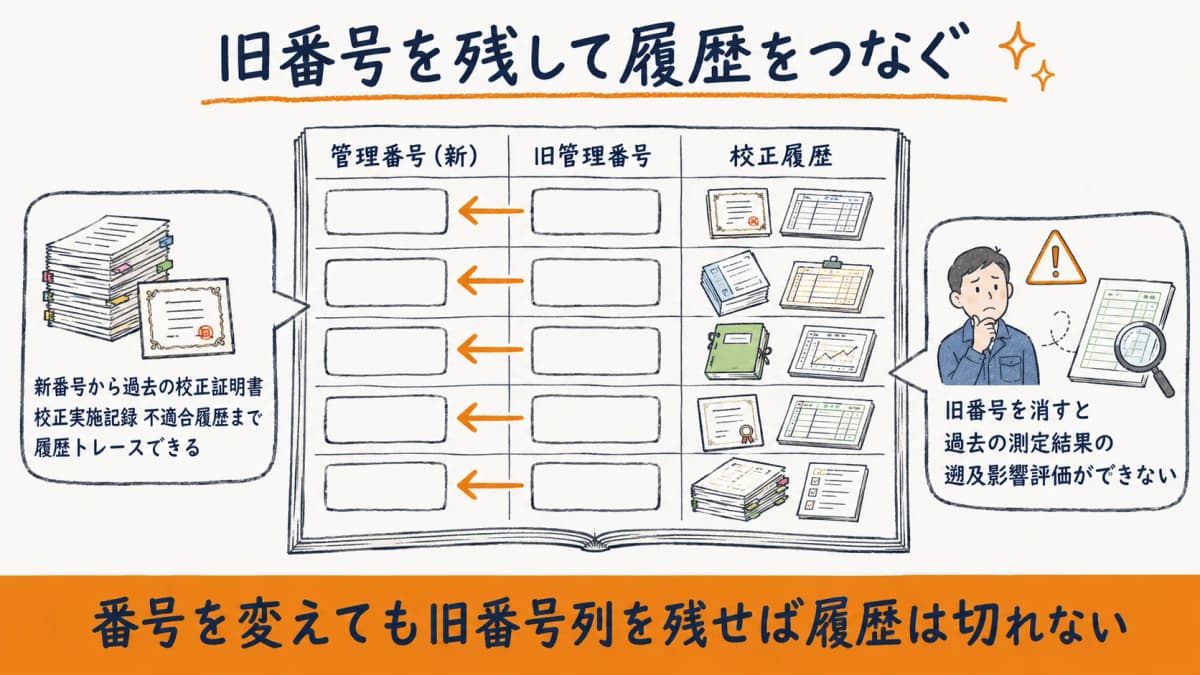 旧番号から新番号への履歴トレース台帳イメージ(旧番号列を保持して校正履歴をつなぐ)