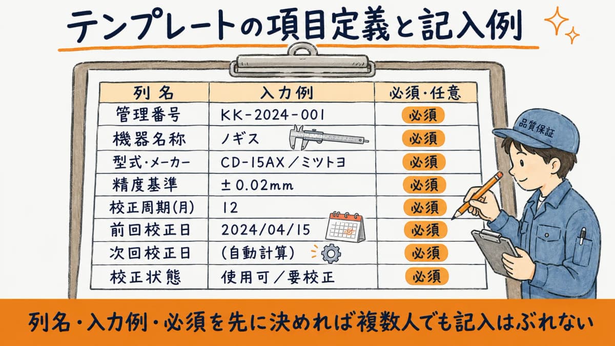 計測器管理台帳テンプレートの項目定義表(列名・入力例・必須任意の一覧)