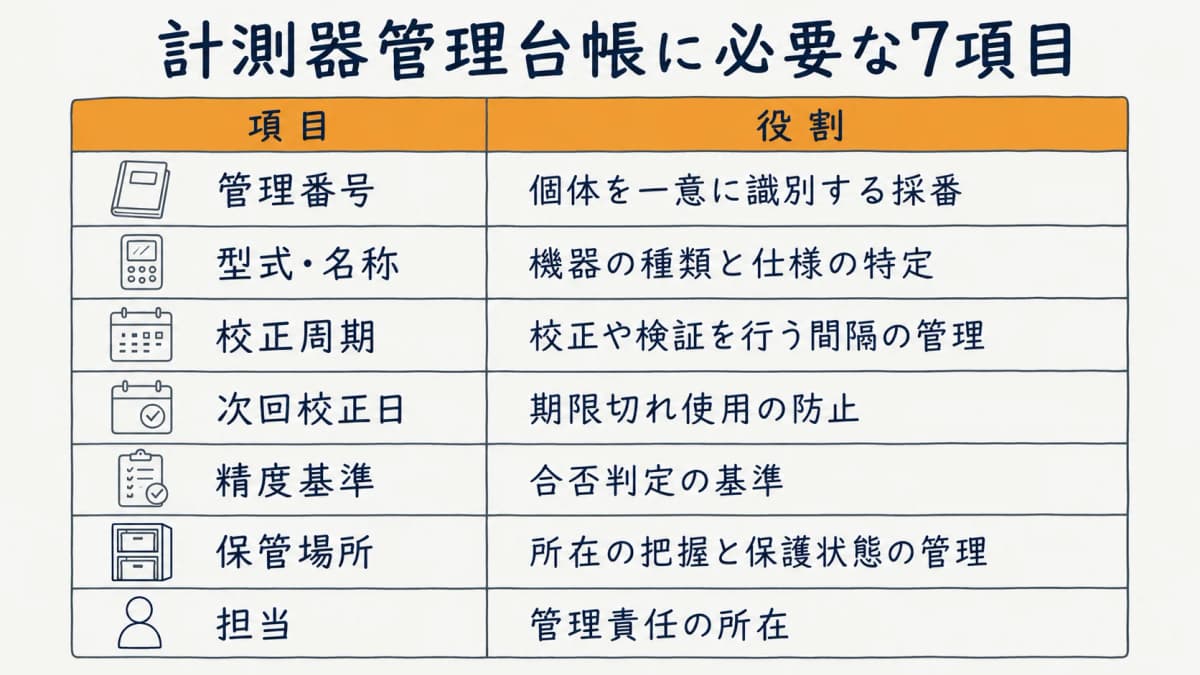 計測器管理台帳の必須7項目と各項目の役割を示した早見表
