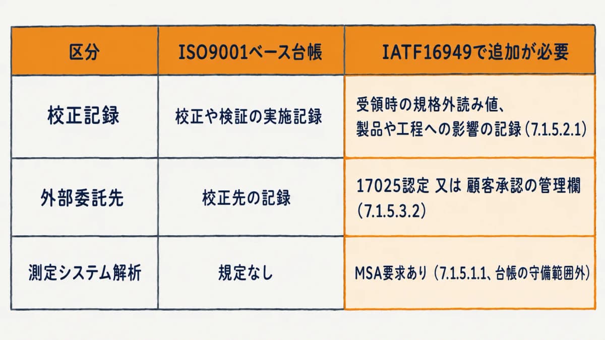 ISO9001ベース台帳とIATF16949で追加が必要な項目を並べた比較表