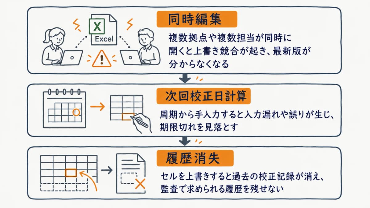 Excel台帳が同時編集・計算崩れ・履歴消失で破綻する3つの瞬間を示したフロー図