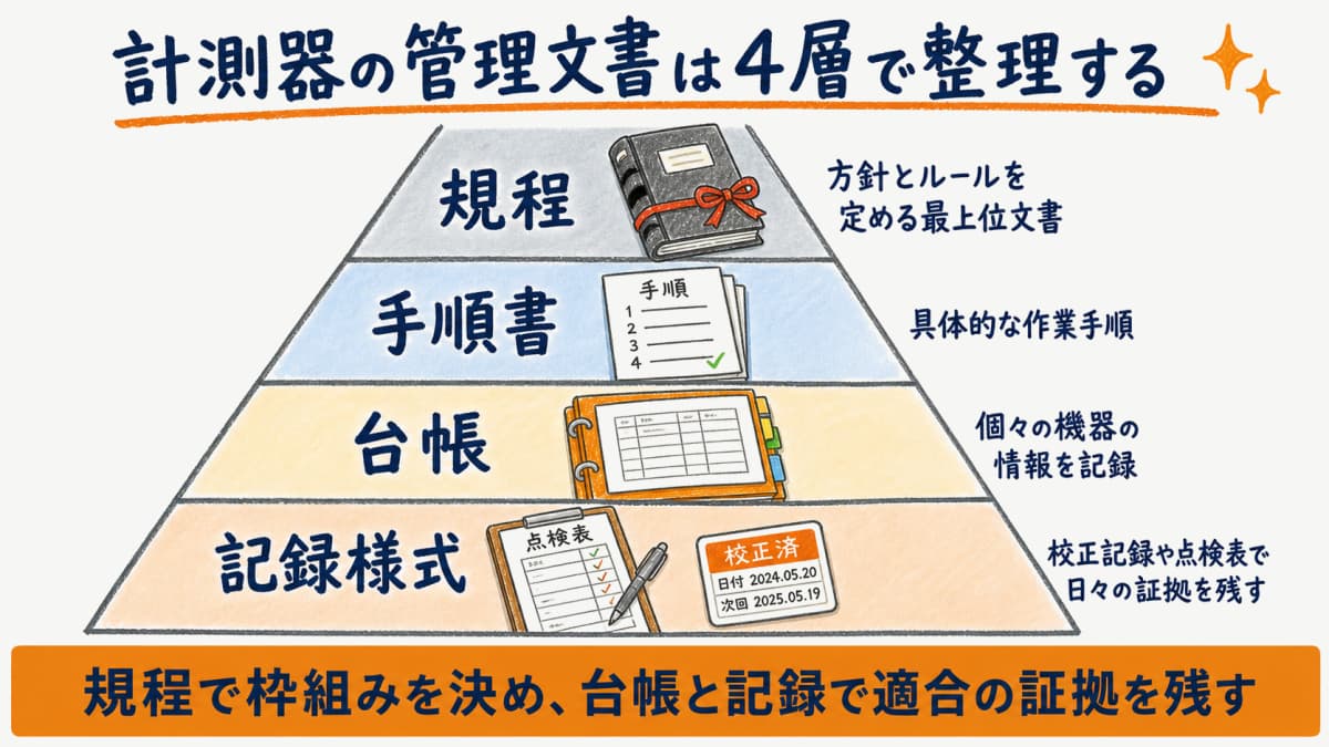 計測器の管理文書を規程・手順書・台帳・記録様式の4層で示した階層ピラミッドの図解