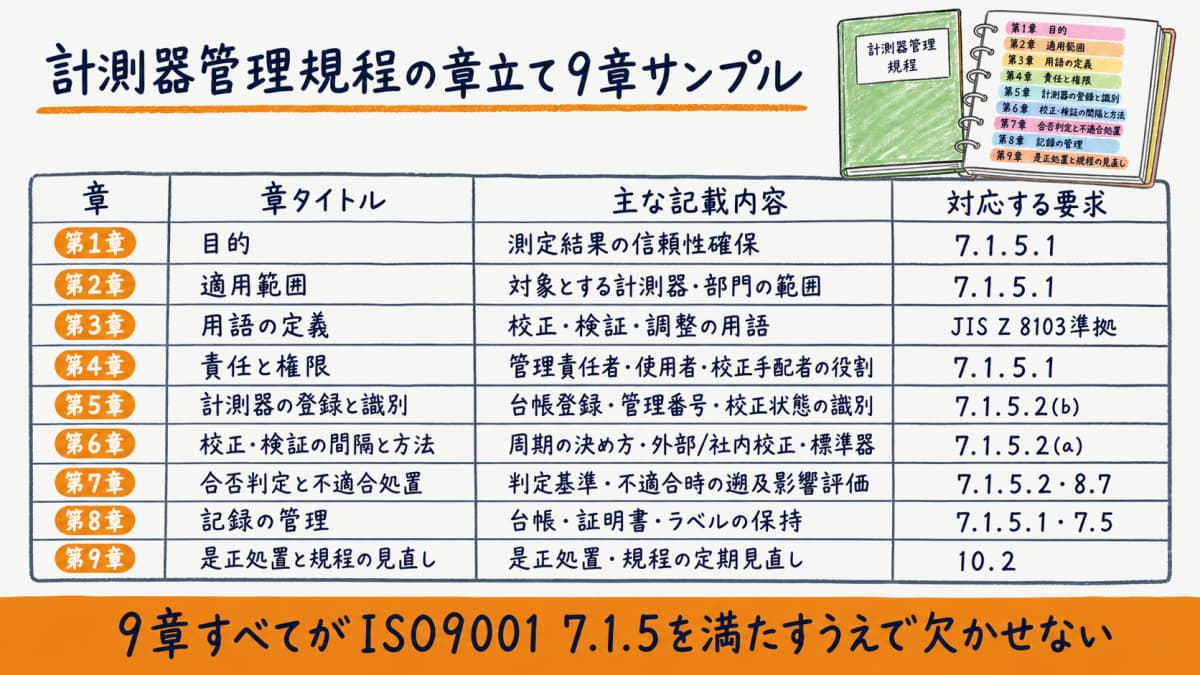 計測器管理規程の章立て9章サンプルを一覧で示した図解