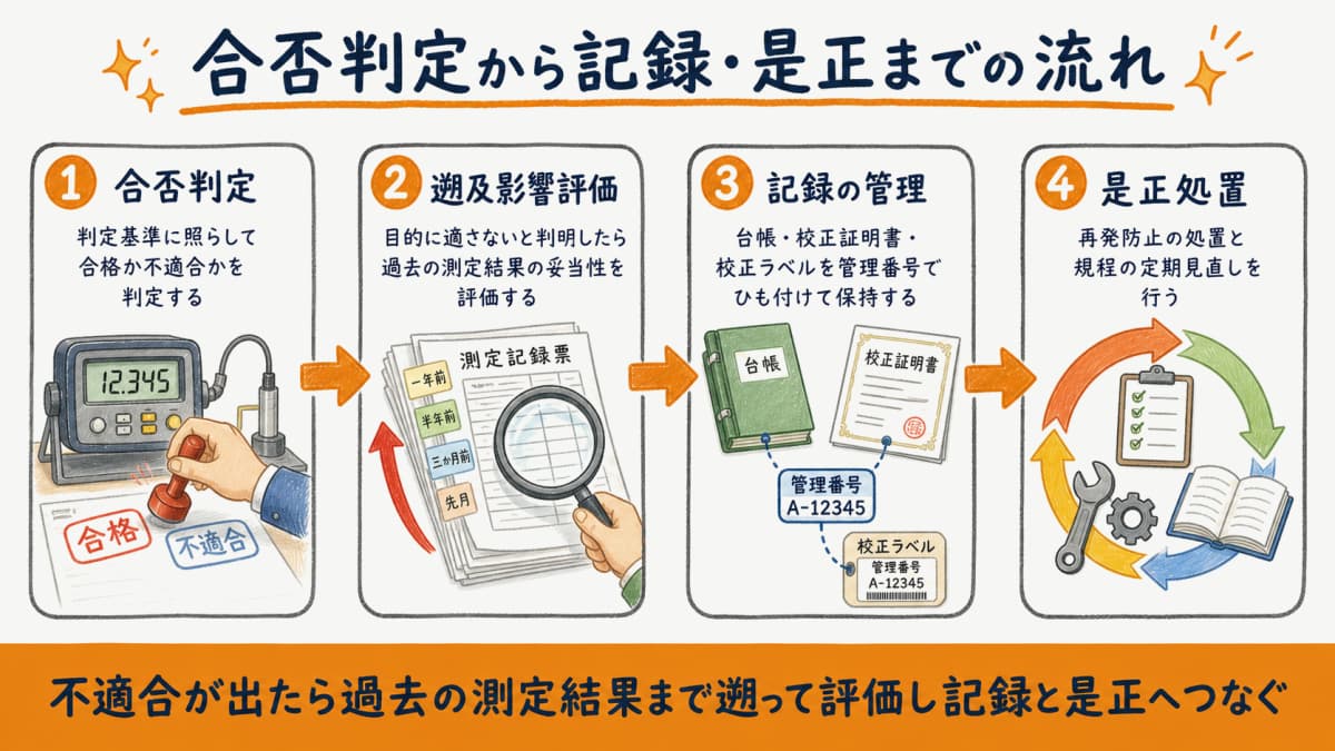 合否判定・不適合時の遡及影響評価・記録の管理・是正処置の流れを示したフロー図の図解