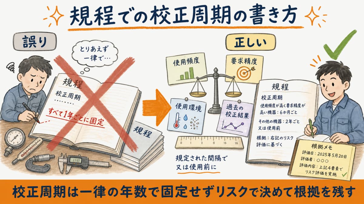 校正周期を一律年数で固定する誤りと、リスクで決めて根拠を残す正しい書き方を対比した図解