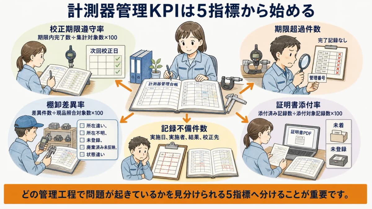 計測器管理の5つのKPIと品質リスクの関係図