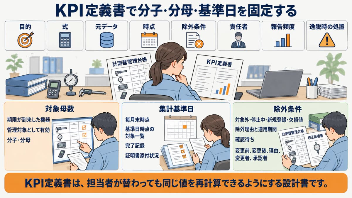 KPI定義書で対象母数と除外条件を固定する図解