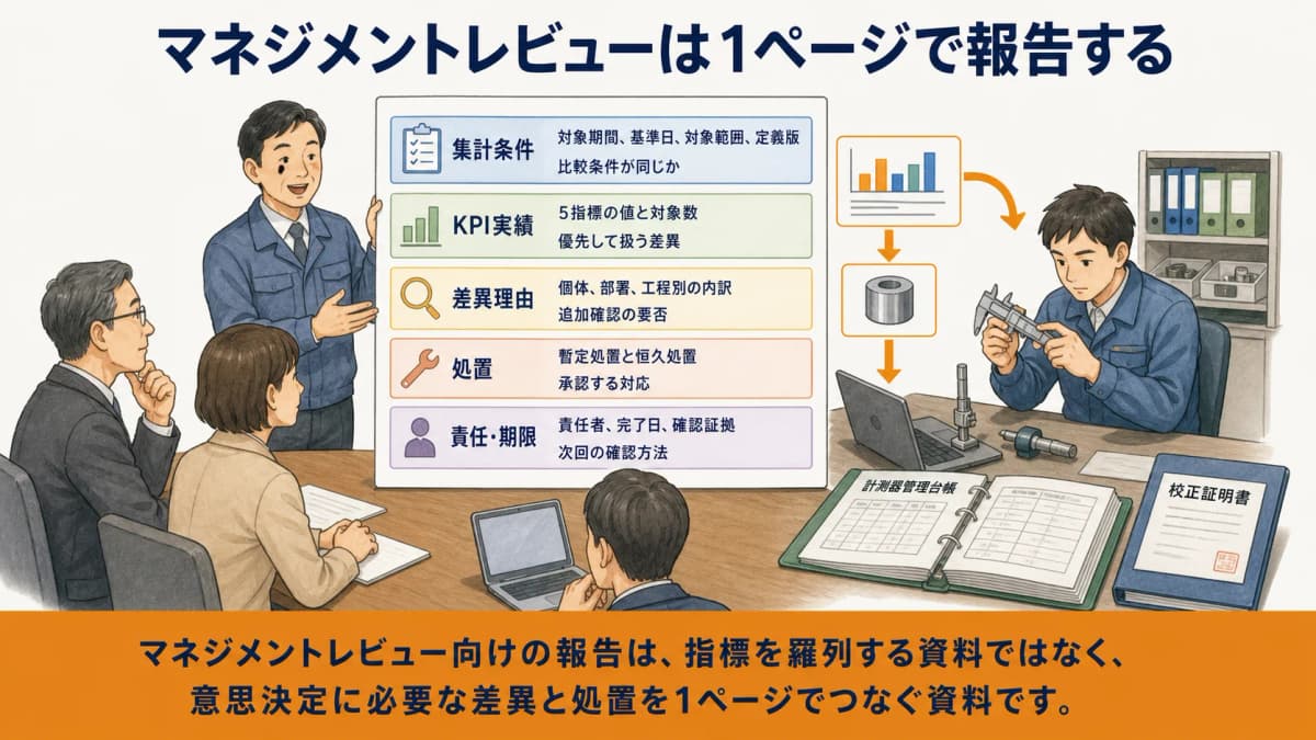 実績から処置期限までを1ページで示すマネジメントレビュー報告図