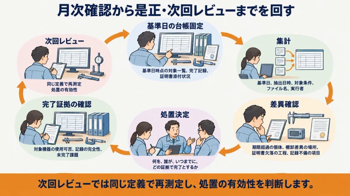 月次確認から是正と次回レビューへつなぐ循環図