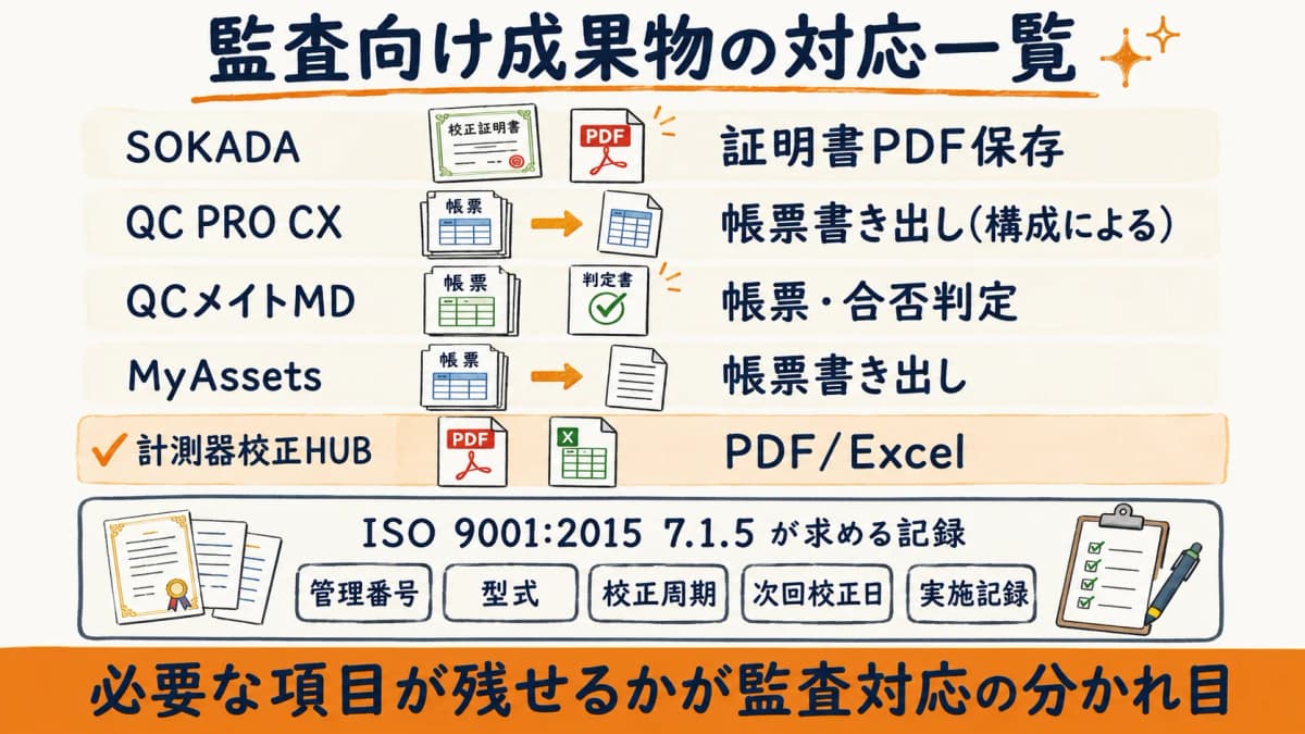PDF/Excel出力など監査向け出力の対応状況を製品別に整理した一覧図