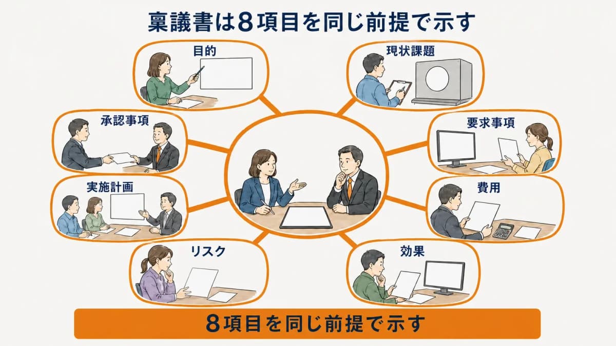 計測器管理システムの稟議書を構成する八項目の全体図