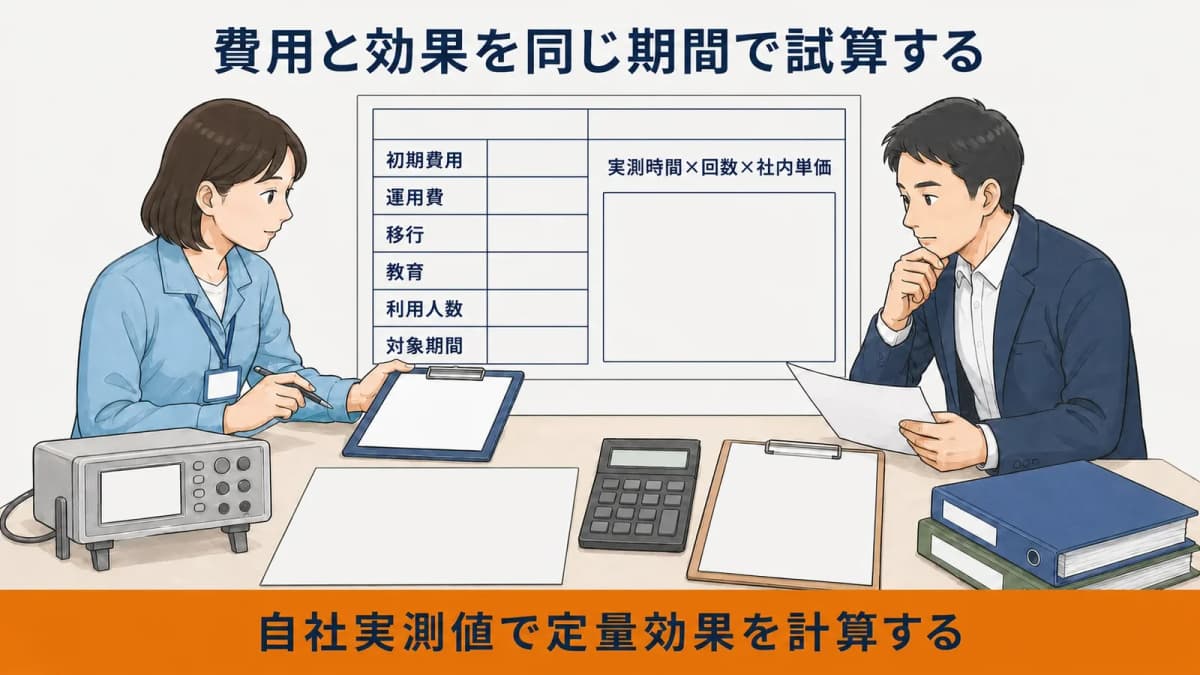 初期費用と運用費と実測効果を同期間で比べる試算表