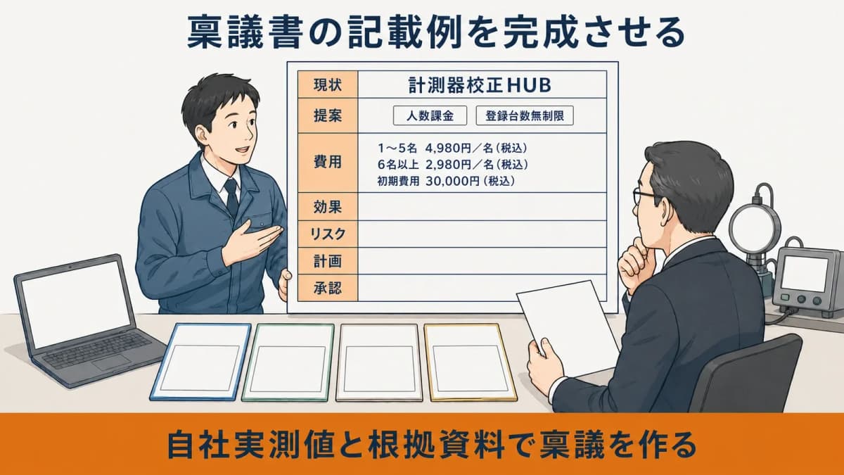 現状と提案と費用と効果と計画を一枚にした稟議書レイアウト