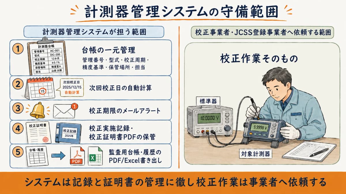 計測器管理システムの守備範囲図。管理システムが担う台帳・記録・出力の範囲と、校正事業者やJCSS登録事業者へ依頼する校正作業の範囲を境界線で分けたスコープ図
