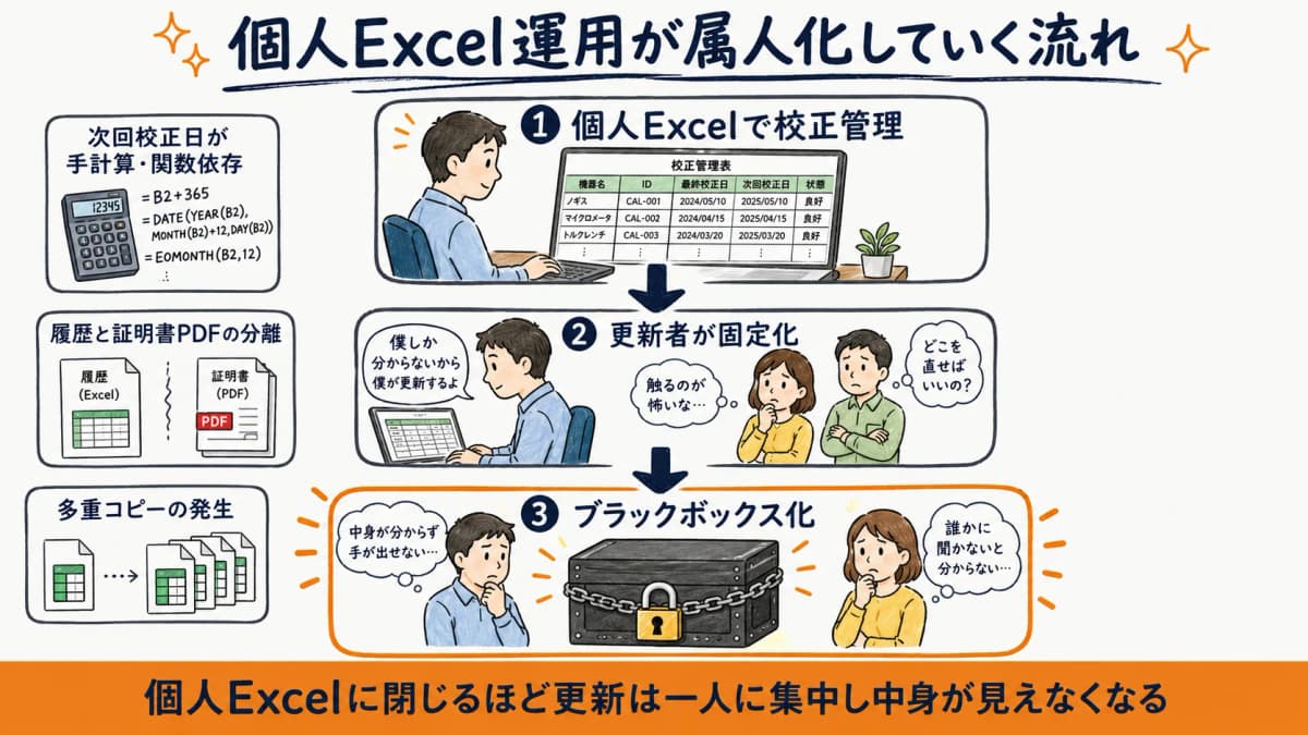個人Excelでの校正管理が更新者依存からブラックボックス化へ進む属人化の発生メカニズムを示した流れ図