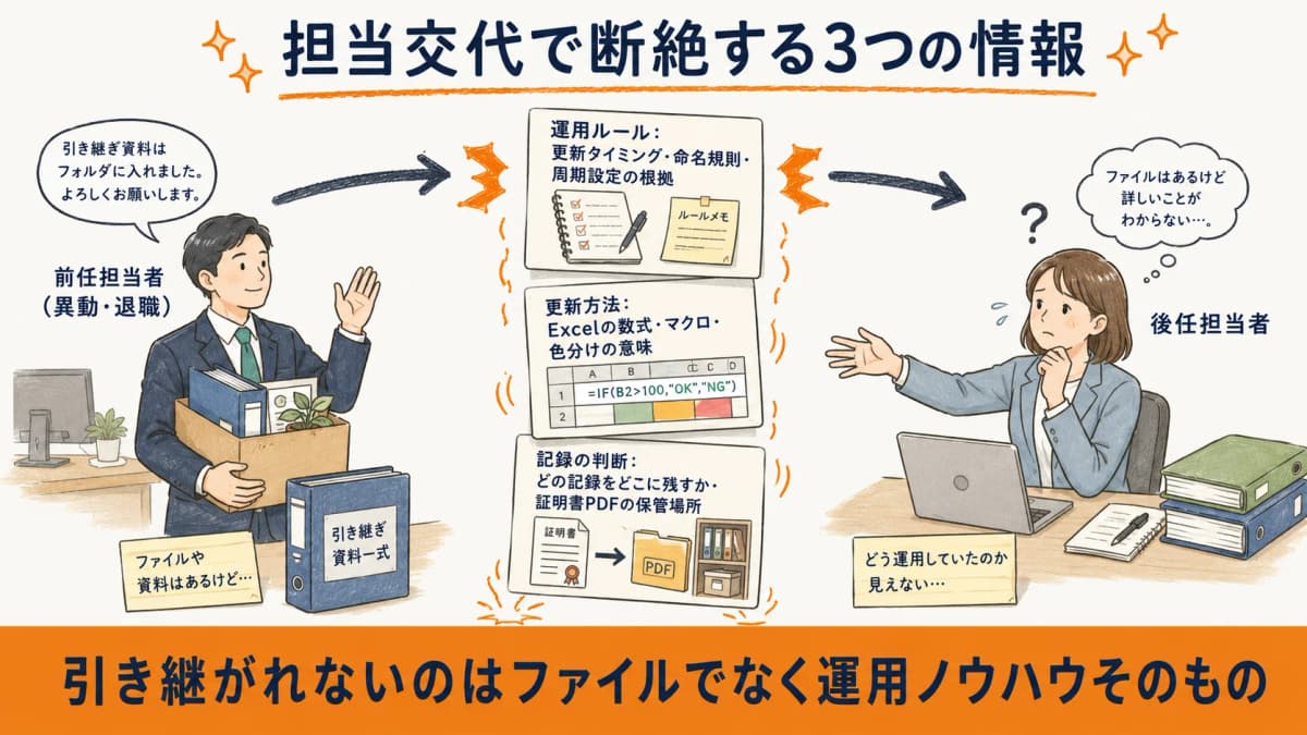 担当者の異動時に運用ルール・更新方法・履歴の判断基準が引き継がれず断絶する様子を可視化した図