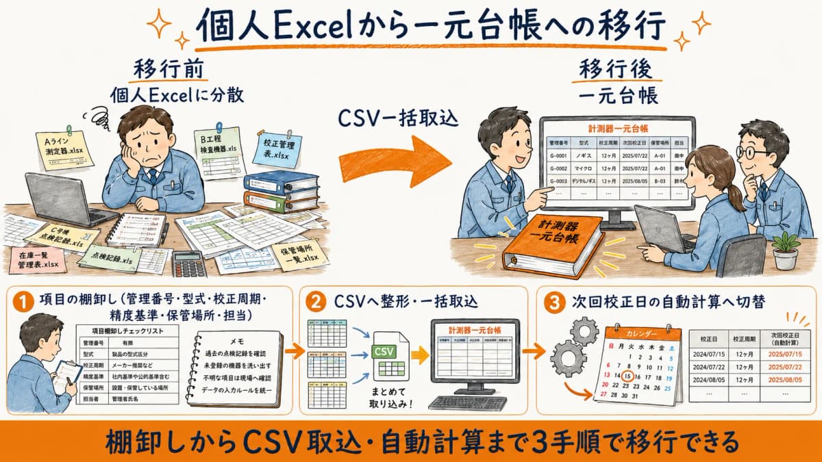個人Excelに分散した校正台帳を、一元台帳へCSV一括取込で移行するbefore/afterの構図
