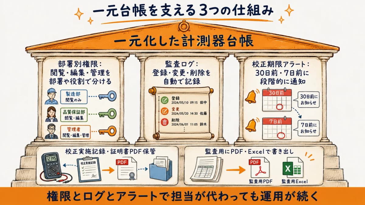 部署別権限・監査ログ・校正期限アラートが校正管理の運用を支える全体像を示した図