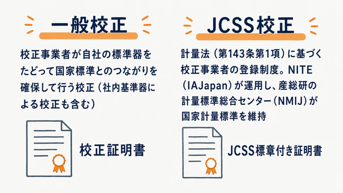 一般校正とJCSS校正の概要比較図。制度の根拠・証明書・通用範囲を対比したイメージ