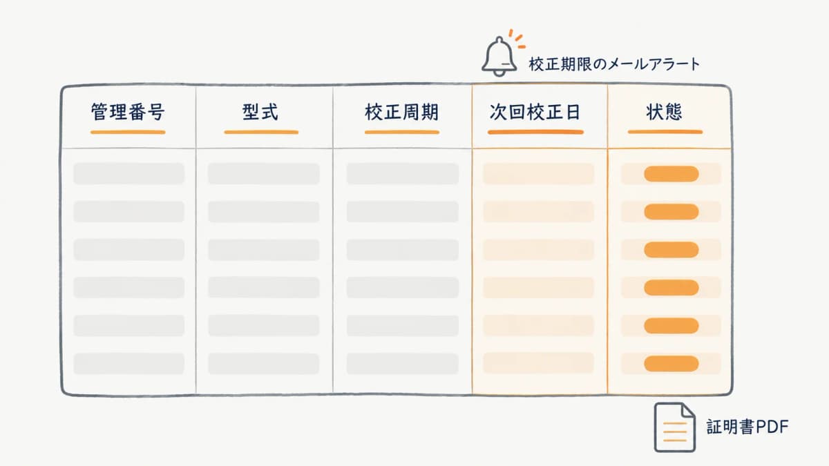 計測器台帳のイメージ図。管理番号・型式・校正周期・次回校正日・状態の列を持つ一覧