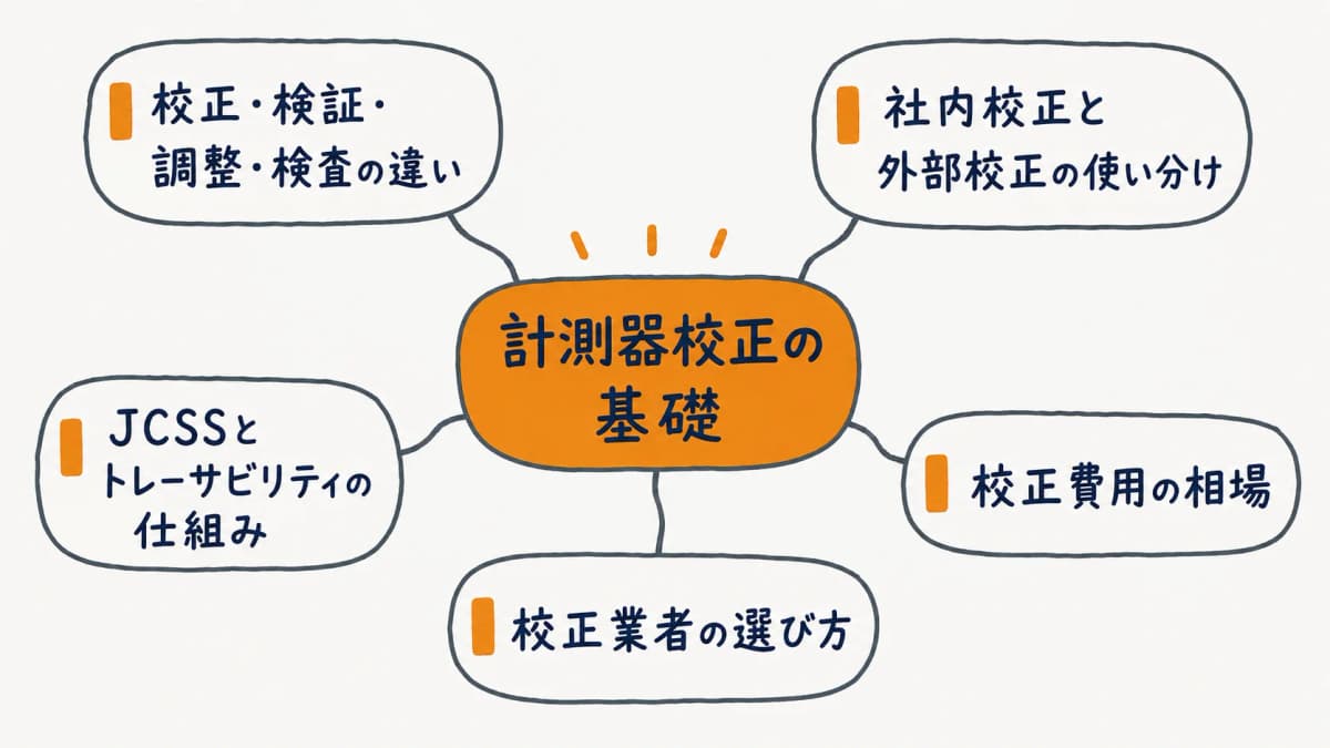 計測器校正クラスターの構造マップ。基礎ハブから用語・社内外・JCSS・費用・業者選びの各記事へ枝分かれする関係図