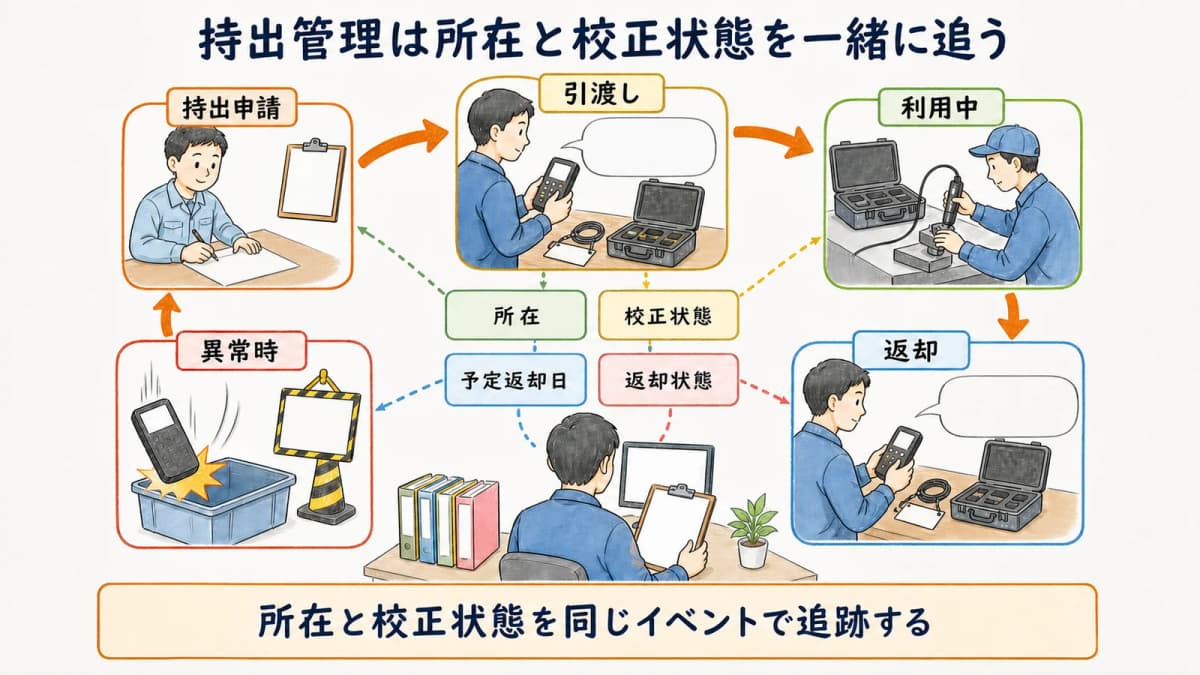計測器の持出前から返却と異常処置までを示すイベント図