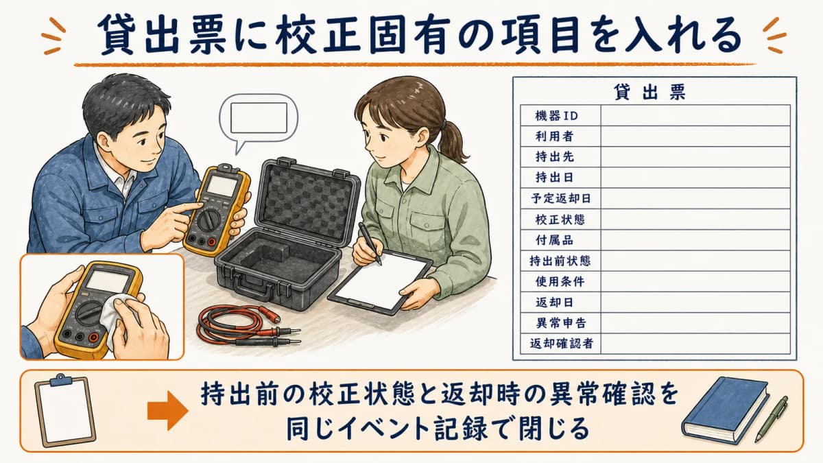 利用者と返却日に校正期限と持出前状態を加えた貸出票見本