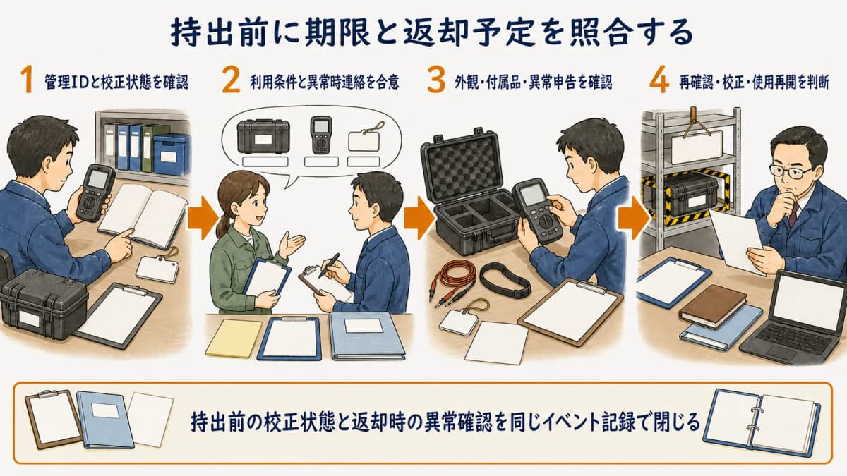 機器IDと校正期限と利用条件を確認する持出承認フロー