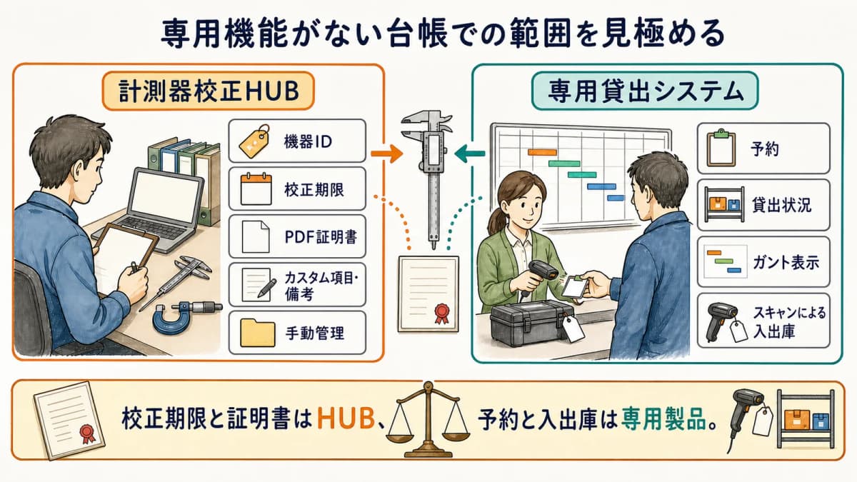 校正台帳の暫定運用と専用貸出システムを分ける機能比較表
