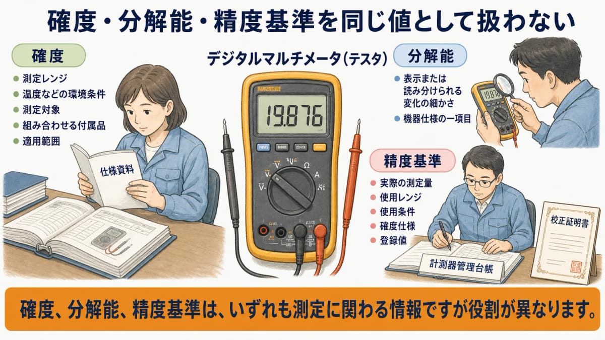 確度・分解能・精度基準の役割を分けて計測器台帳へ登録する図解