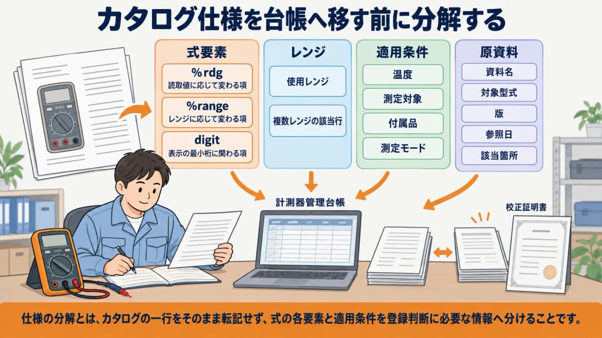 カタログ仕様を式要素・レンジ・適用条件・原資料に分解する図解