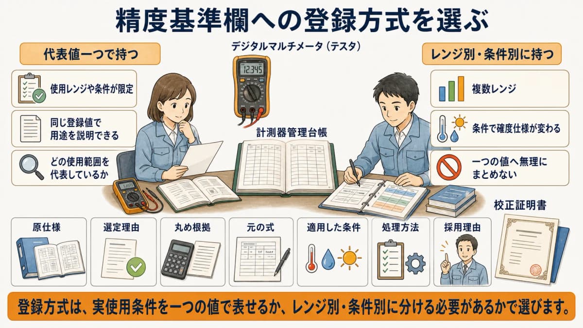 代表値一つとレンジ別の精度基準登録を使い分ける図解