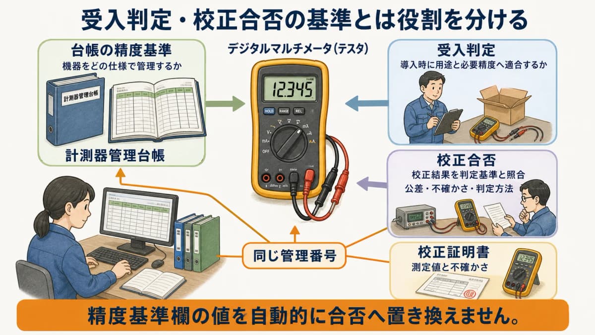 台帳の精度基準・受入判定・校正合否・証明書を分ける図解