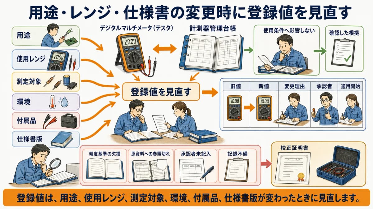 用途・レンジ・仕様書の変更を契機に精度基準を見直す図解