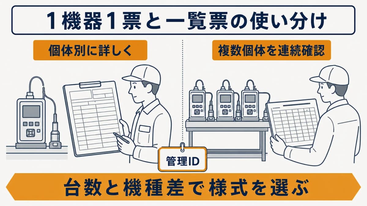 始業前点検の1機器1票と複数機器一覧票を比べる表