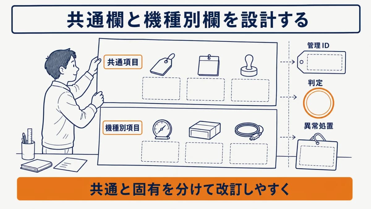 始業前点検票へ共通欄と機種別欄を配置した記載例