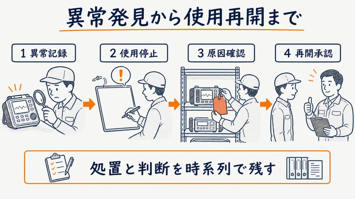 始業前点検での異常発見から隔離再確認使用再開へ進むフロー